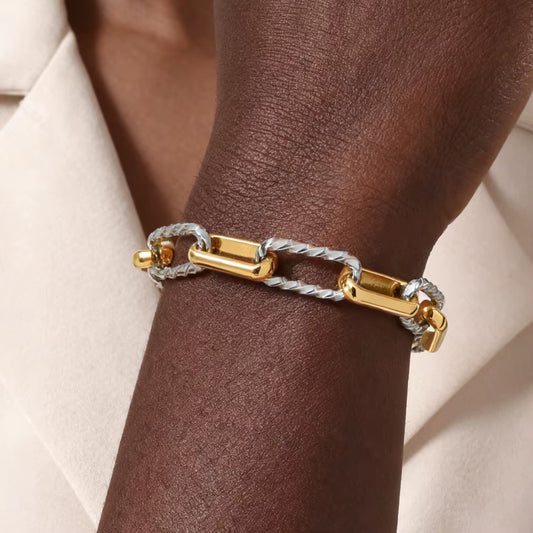 Two Tone Twist Link Paperclip Bracelet for Women, Chunky Stainless Steel Bracelet Adjustable Link, 18K Gold Plated Jewelry