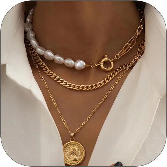 Gold Necklace Stack Layered Necklaces for Women Trendy Cuban Pearl Paperclip Chain Necklaces Set Boho Summer Beach Jewelry Gifts