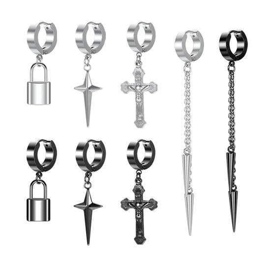 ZS Punk Cross Drop Earrings for Men Woman Stainless Steel Hoop Dangle Cartilage Earrings Gothic Hip Hop Circle round Earring