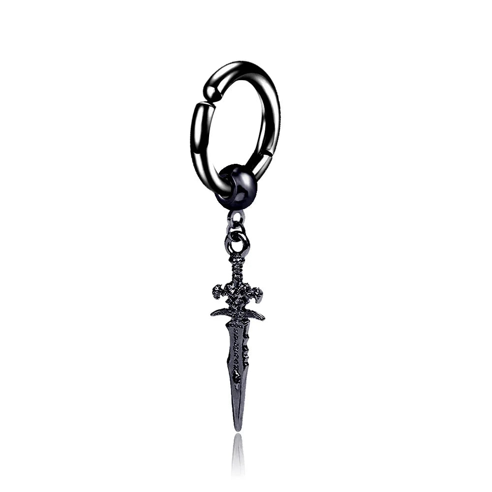 Clip on Hoop Earrings for Men Stainless Steel Fake Piercing Dangle Earring with Cross Feather Mens Clip on Huggie Hoop Earrings