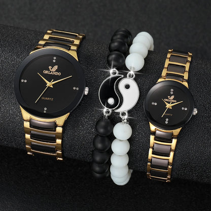 4Pcs/Set Couple'S Watches Fashion Rhinestone Women Quartz Watch Stainless Steel Band Men Wristwatches Bracelets Set