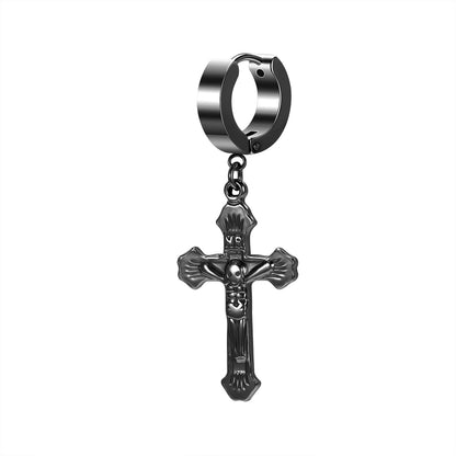 ZS Punk Cross Drop Earrings for Men Woman Stainless Steel Hoop Dangle Cartilage Earrings Gothic Hip Hop Circle round Earring