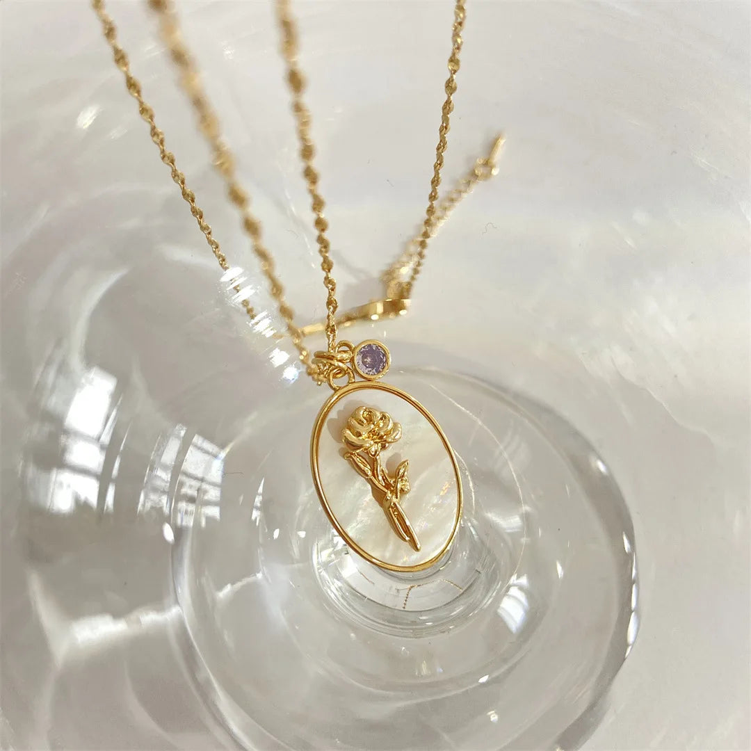 12 Birth Month Flower Birthstone Necklace for Women Charm White Shell Pendant Necklaces Mom Girlfriend Birthday Gift