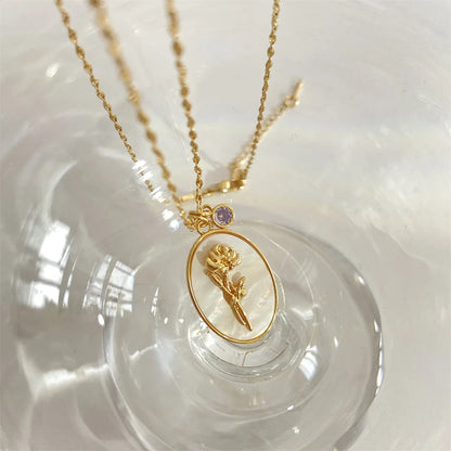 12 Birth Month Flower Birthstone Necklace for Women Charm White Shell Pendant Necklaces Mom Girlfriend Birthday Gift