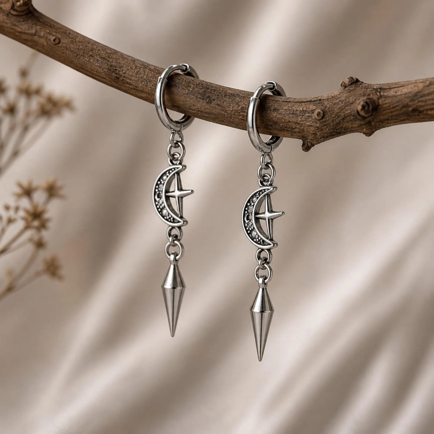 Moon Star Hoop Earrings, Gothic Earrings, Celestial Earrings, Gothic Jewelry, Gift for Her, Hoop Earrings, Huggie Earrings