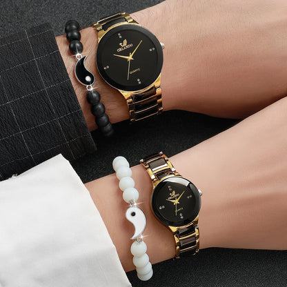 4Pcs/Set Couple'S Watches Fashion Rhinestone Women Quartz Watch Stainless Steel Band Men Wristwatches Bracelets Set