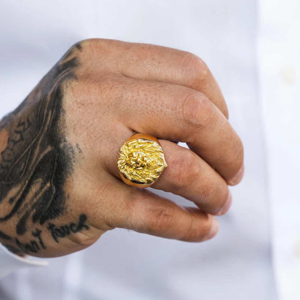 Mens Ring Large Lion Gold Ring - Animal Ring - Signet Ring Men - 18K Gold Signet Ring - Gold Rings for Men - Gold Rings Jewelry Gift Him