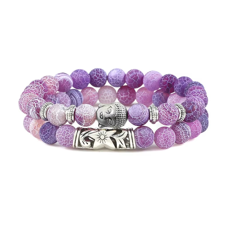 2Pcs/Set Buddha Head Bracelet for Women Men Natural Tiger Eye Lava Stone Yoga Beads Distance Bracelets Charm Couple Jewelry Gift
