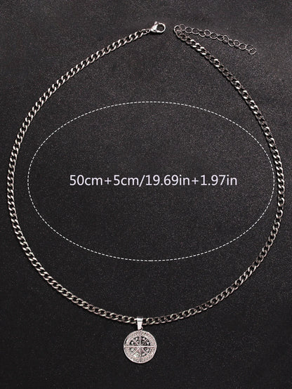 Men'S Silver Color Punk Style Metal Chain Necklace Pendant Compass Shape Star Fashion Men'S Necklace Jewelry