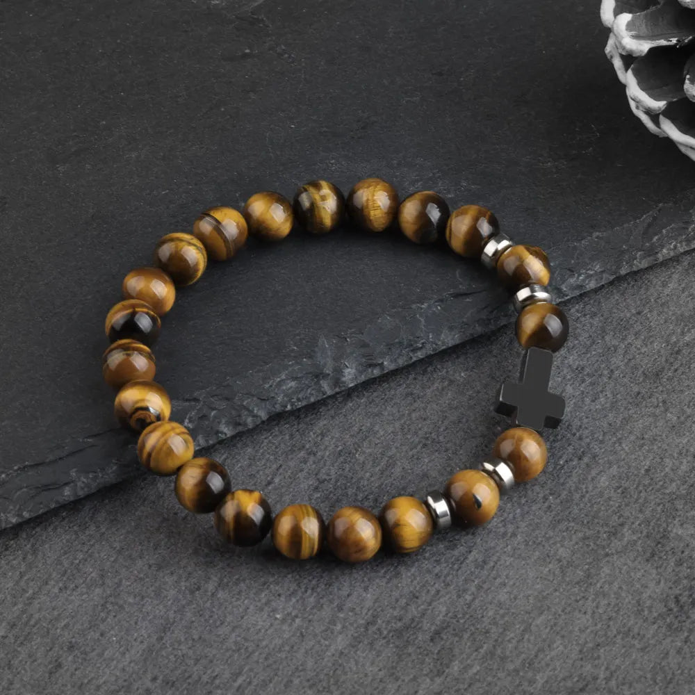 Natural Stone Bracelets Hematite Cross Pendent 8Mm Tiger Eye Black Onyx Lava Howlite Bead Elastic Rope Bracelet for Men Gift