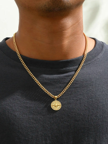 Men'S Silver Color Punk Style Metal Chain Necklace Pendant Compass Shape Star Fashion Men'S Necklace Jewelry