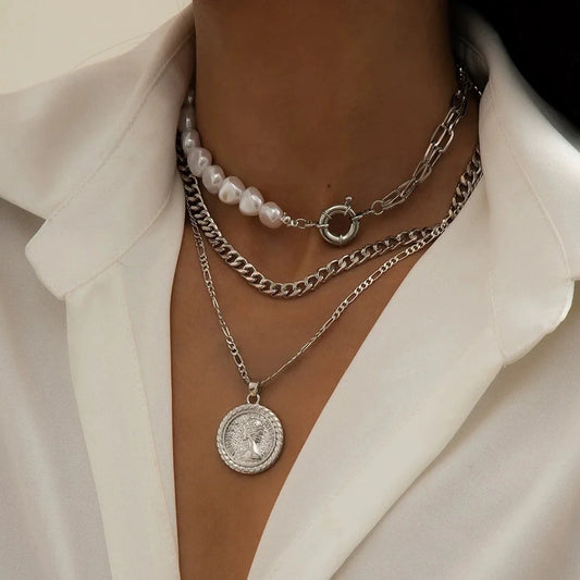Gold Necklace Stack Layered Necklaces for Women Trendy Cuban Pearl Paperclip Chain Necklaces Set Boho Summer Beach Jewelry Gifts