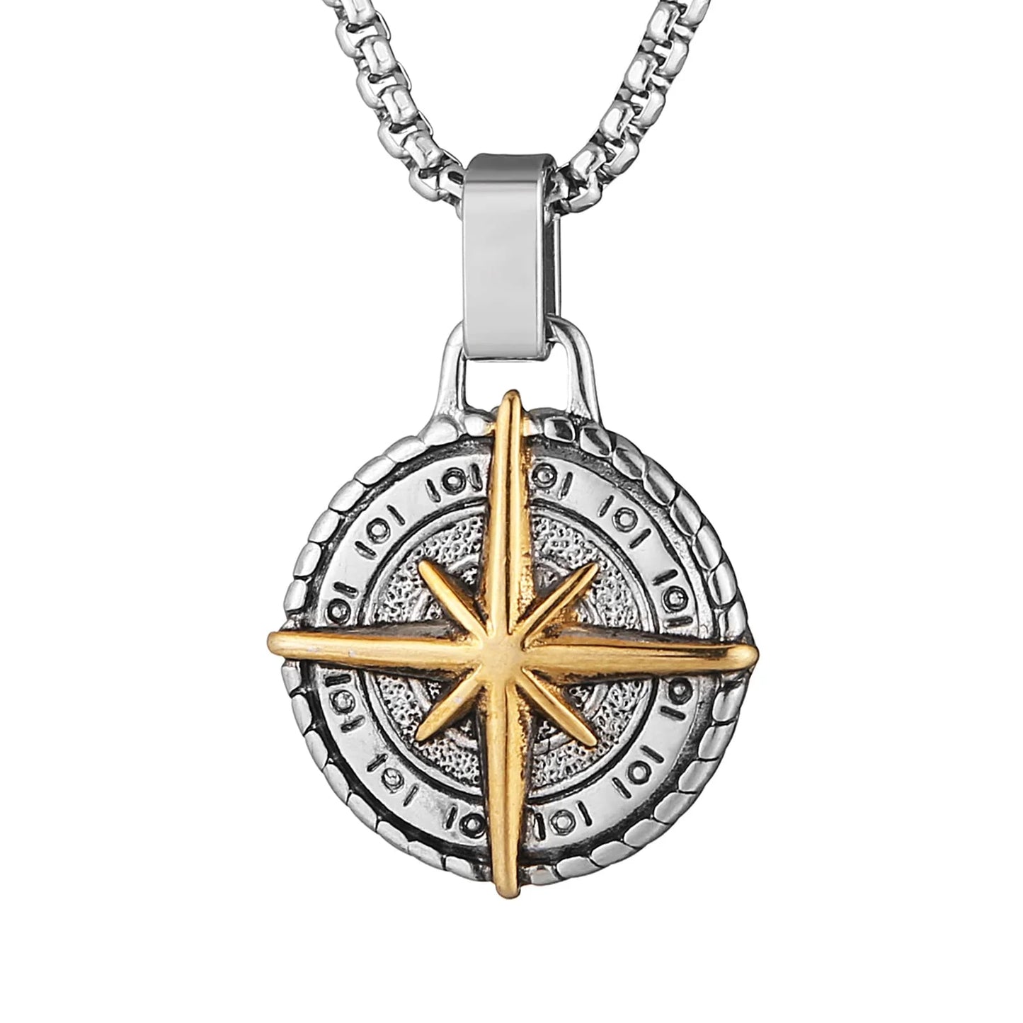 Viking Nautical Compass Necklace for Men Stainless Steel Vintage Sailor Amulet Pendant Jewelry Gift with 24 Inch Chain (Silver & Gold)