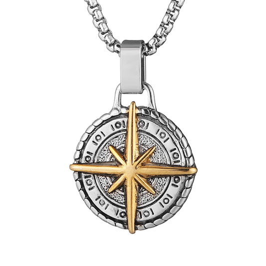 Viking Nautical Compass Necklace for Men Stainless Steel Vintage Sailor Amulet Pendant Jewelry Gift with 24 Inch Chain (Silver & Gold)