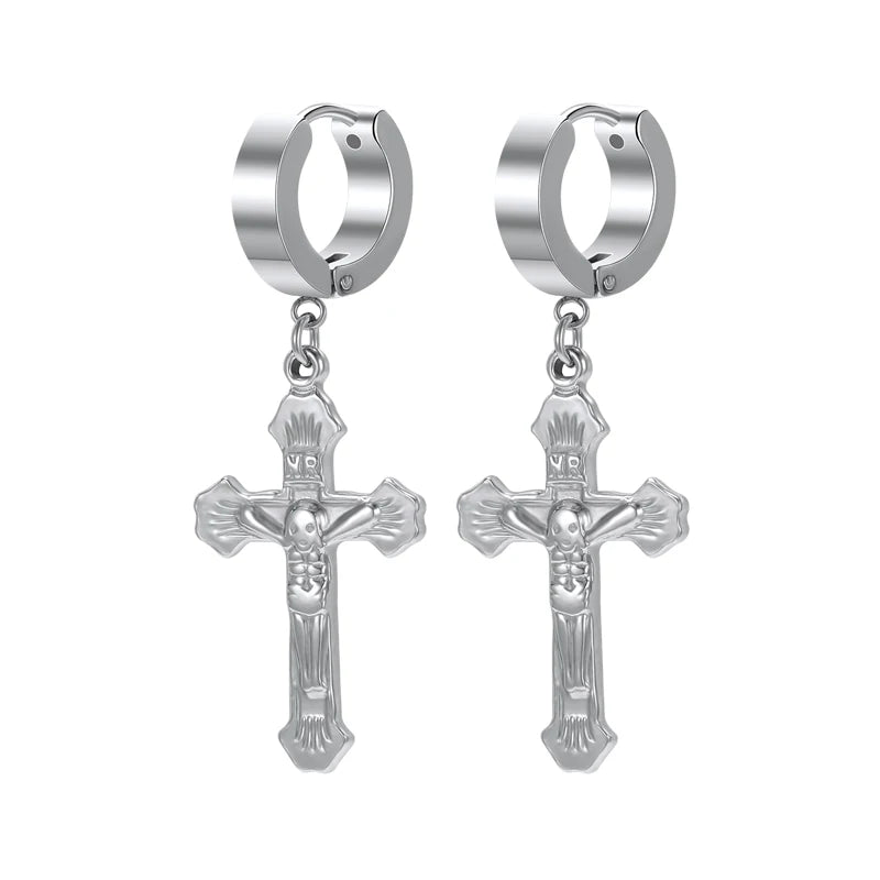 ZS Punk Cross Drop Earrings for Men Woman Stainless Steel Hoop Dangle Cartilage Earrings Gothic Hip Hop Circle round Earring