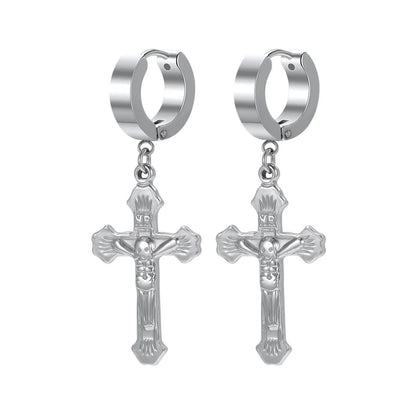 ZS Punk Cross Drop Earrings for Men Woman Stainless Steel Hoop Dangle Cartilage Earrings Gothic Hip Hop Circle round Earring