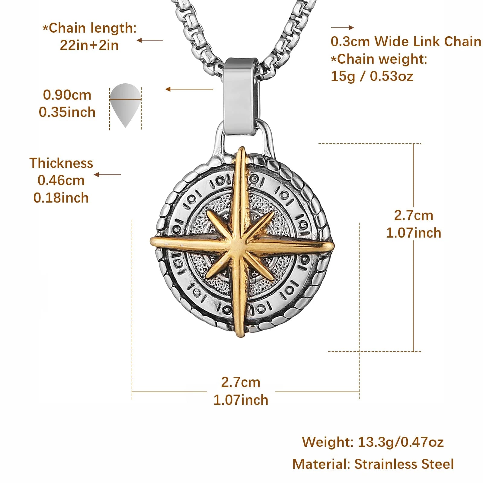 Viking Nautical Compass Necklace for Men Stainless Steel Vintage Sailor Amulet Pendant Jewelry Gift with 24 Inch Chain (Silver & Gold)
