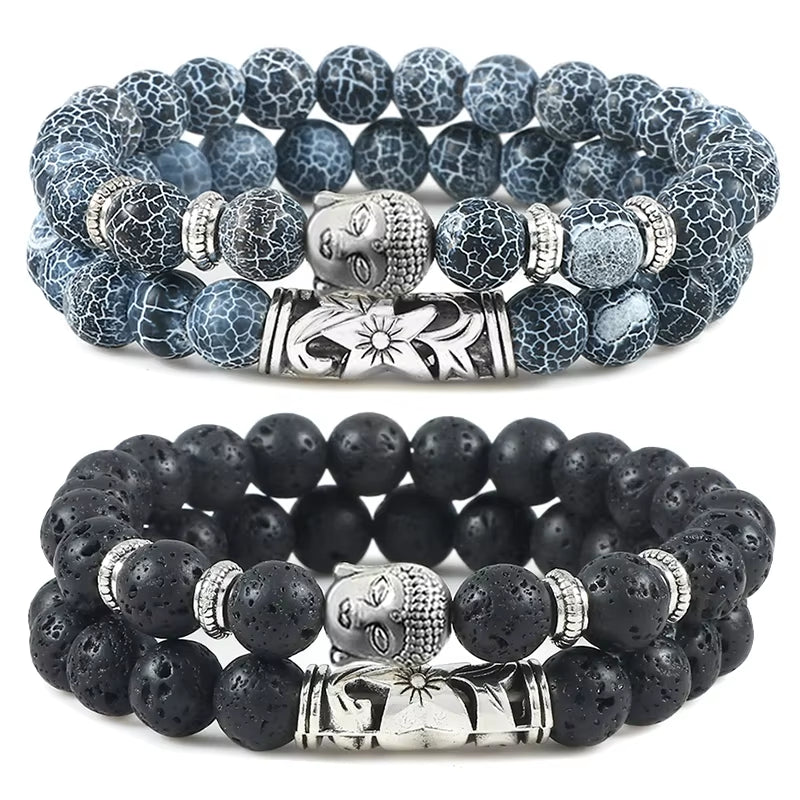 2Pcs/Set Buddha Head Bracelet for Women Men Natural Tiger Eye Lava Stone Yoga Beads Distance Bracelets Charm Couple Jewelry Gift