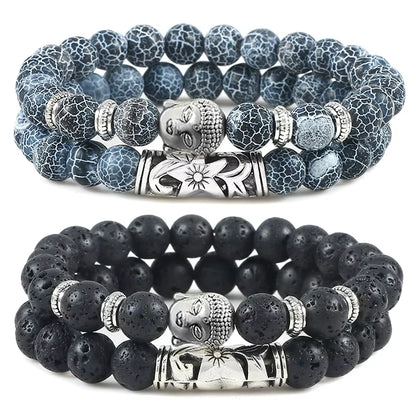 2Pcs/Set Buddha Head Bracelet for Women Men Natural Tiger Eye Lava Stone Yoga Beads Distance Bracelets Charm Couple Jewelry Gift