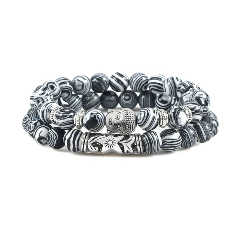 2Pcs/Set Buddha Head Bracelet for Women Men Natural Tiger Eye Lava Stone Yoga Beads Distance Bracelets Charm Couple Jewelry Gift