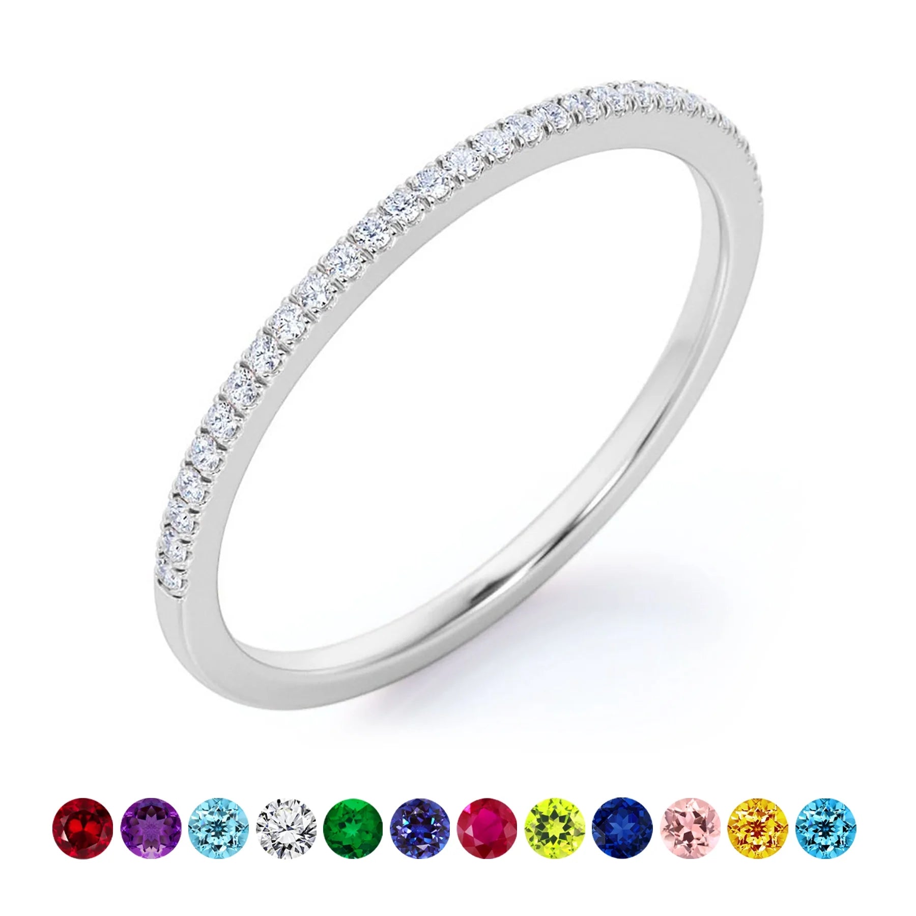 Pave Accented - 0.25 Carat round Cut -April Birthstone- Classic Wedding Band - 18K White Gold Plating for Women