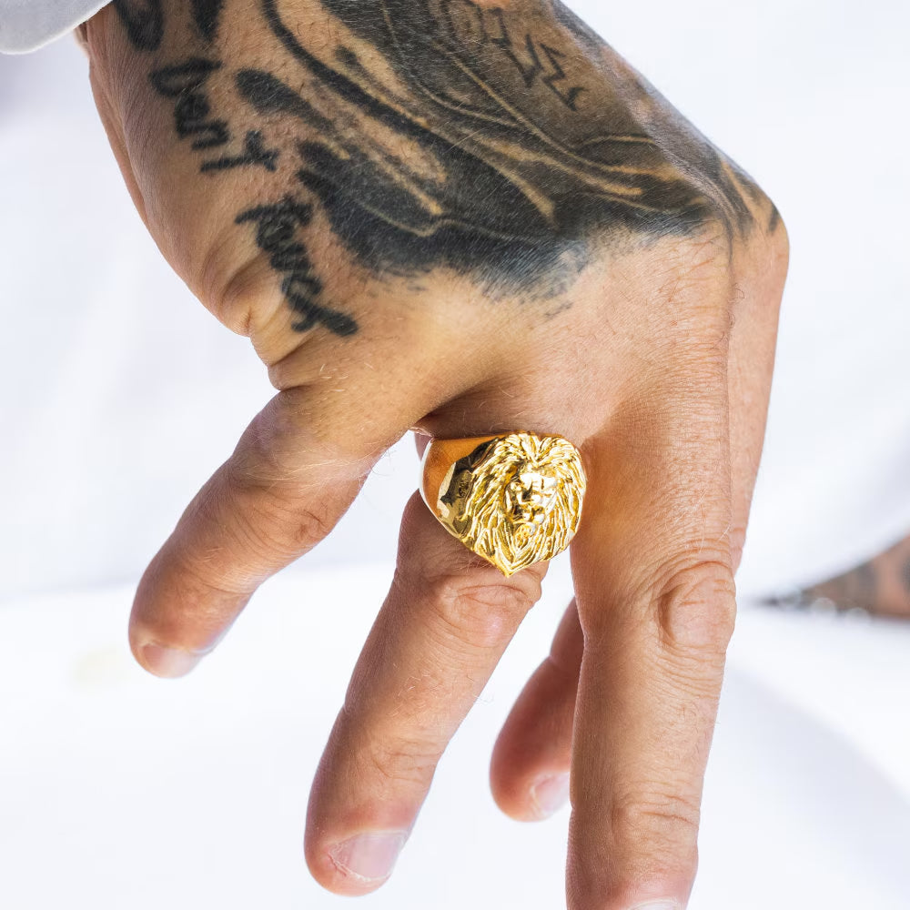 Mens Ring Large Lion Gold Ring - Animal Ring - Signet Ring Men - 18K Gold Signet Ring - Gold Rings for Men - Gold Rings Jewelry Gift Him