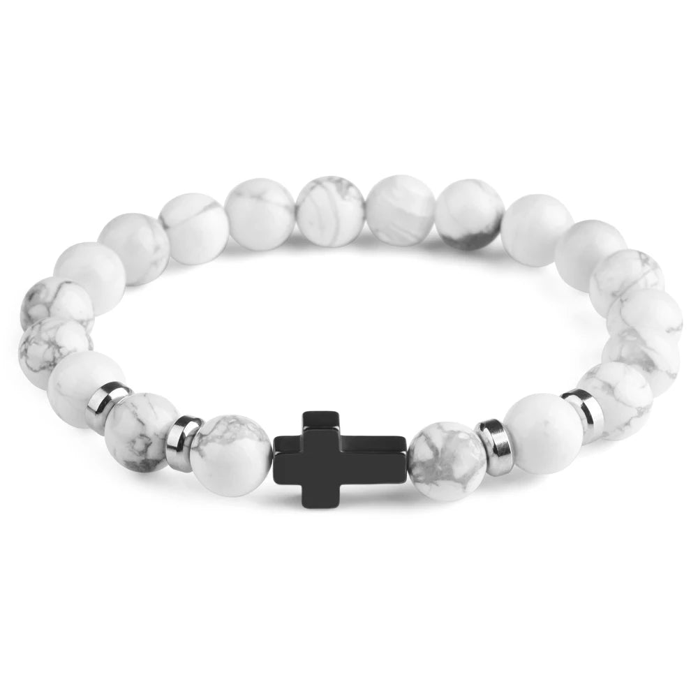 Natural Stone Bracelets Hematite Cross Pendent 8Mm Tiger Eye Black Onyx Lava Howlite Bead Elastic Rope Bracelet for Men Gift