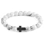 Natural Stone Bracelets Hematite Cross Pendent 8Mm Tiger Eye Black Onyx Lava Howlite Bead Elastic Rope Bracelet for Men Gift