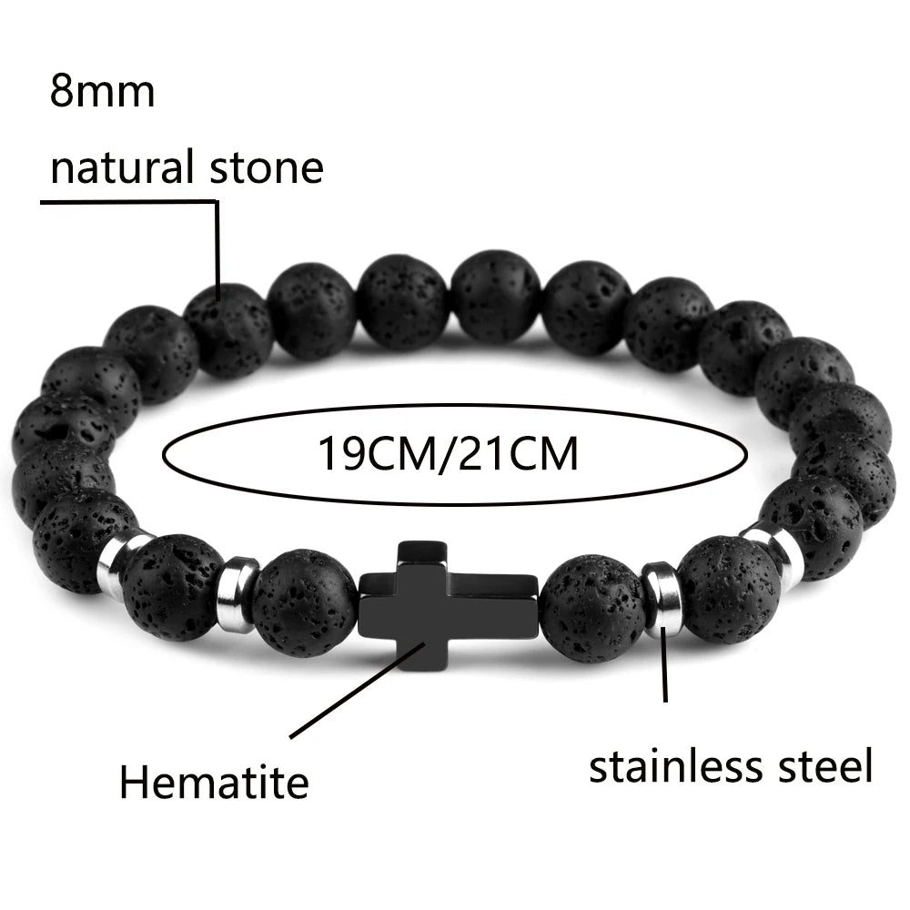 Natural Stone Bracelets Hematite Cross Pendent 8Mm Tiger Eye Black Onyx Lava Howlite Bead Elastic Rope Bracelet for Men Gift