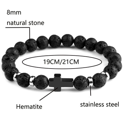 Natural Stone Bracelets Hematite Cross Pendent 8Mm Tiger Eye Black Onyx Lava Howlite Bead Elastic Rope Bracelet for Men Gift