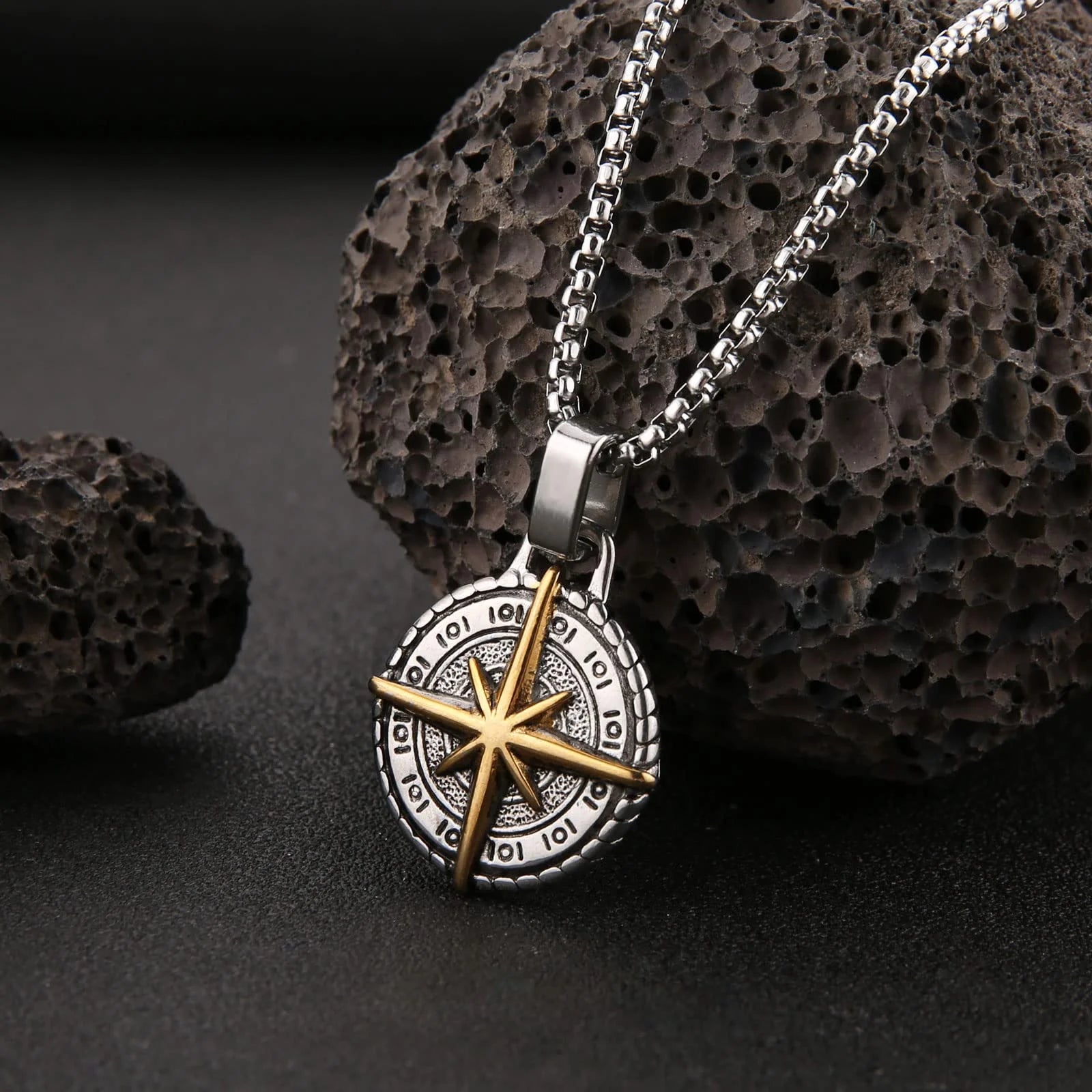 Viking Nautical Compass Necklace for Men Stainless Steel Vintage Sailor Amulet Pendant Jewelry Gift with 24 Inch Chain (Silver & Gold)
