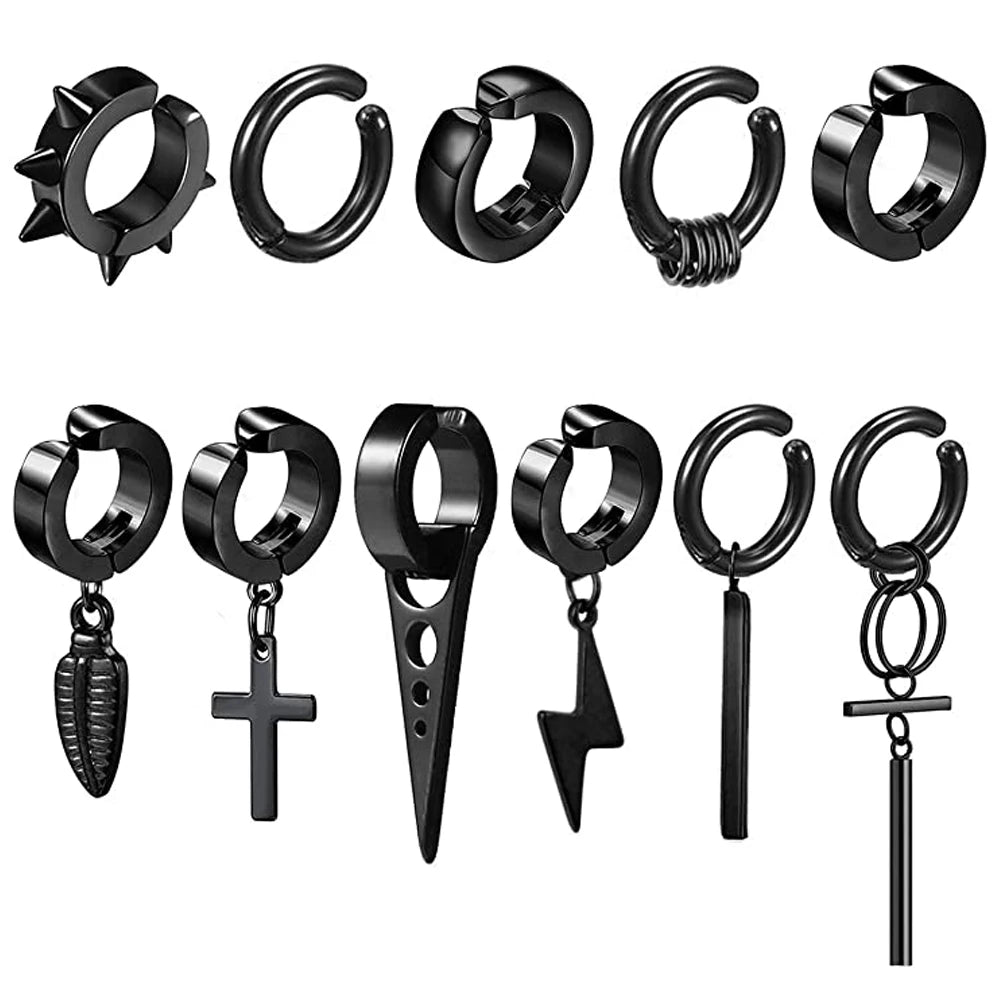 Clip on Hoop Earrings for Men Stainless Steel Fake Piercing Dangle Earring with Cross Feather Mens Clip on Huggie Hoop Earrings