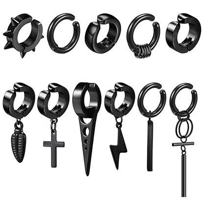 Clip on Hoop Earrings for Men Stainless Steel Fake Piercing Dangle Earring with Cross Feather Mens Clip on Huggie Hoop Earrings