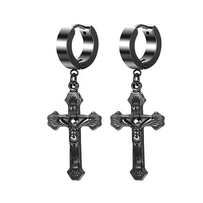 ZS Punk Cross Drop Earrings for Men Woman Stainless Steel Hoop Dangle Cartilage Earrings Gothic Hip Hop Circle round Earring