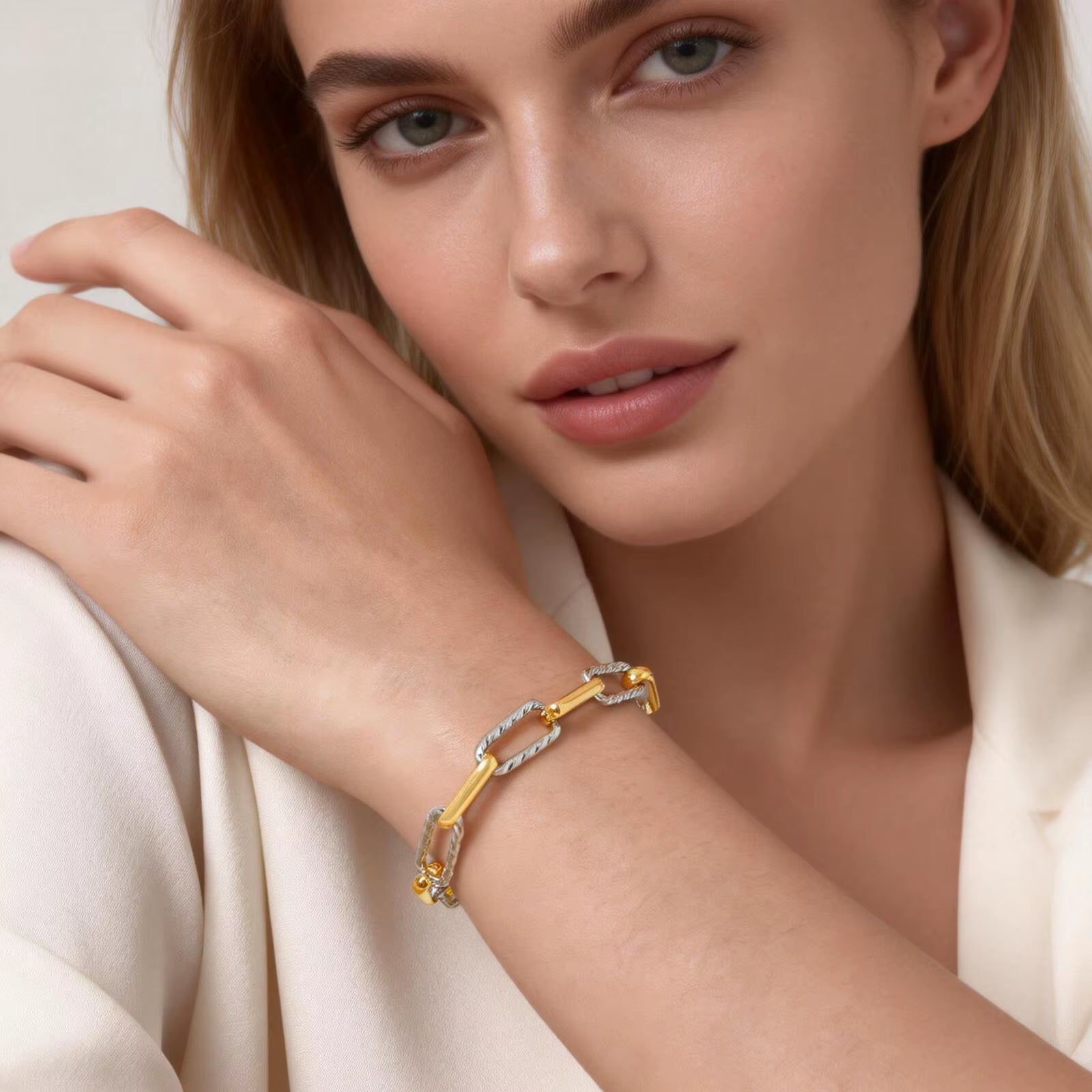 Two Tone Twist Link Paperclip Bracelet for Women, Chunky Stainless Steel Bracelet Adjustable Link, 18K Gold Plated Jewelry