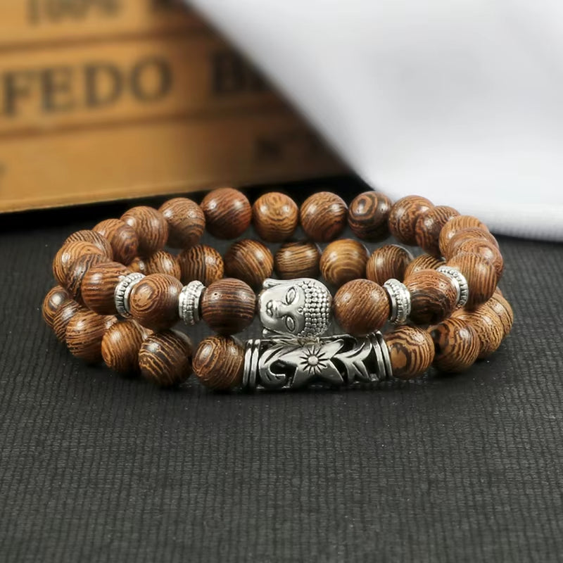 2Pcs/Set Buddha Head Bracelet for Women Men Natural Tiger Eye Lava Stone Yoga Beads Distance Bracelets Charm Couple Jewelry Gift