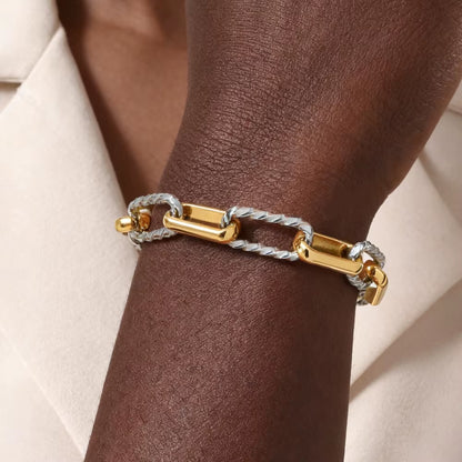 Two Tone Twist Link Paperclip Bracelet for Women, Chunky Stainless Steel Bracelet Adjustable Link, 18K Gold Plated Jewelry