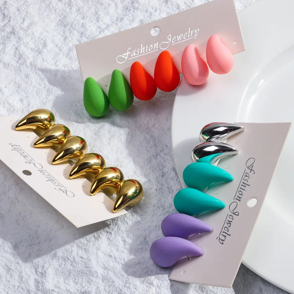 Fashion 6Pcs/Set Chunky Gold Plated Water Drop Earrings for Women Vintage Acrylic Teardrop Earring Hoops Lightweight Jewelry