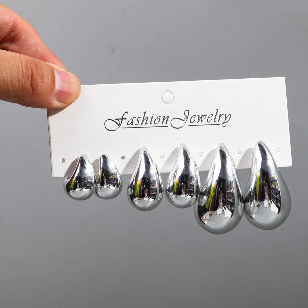 Fashion 6Pcs/Set Chunky Gold Plated Water Drop Earrings for Women Vintage Acrylic Teardrop Earring Hoops Lightweight Jewelry