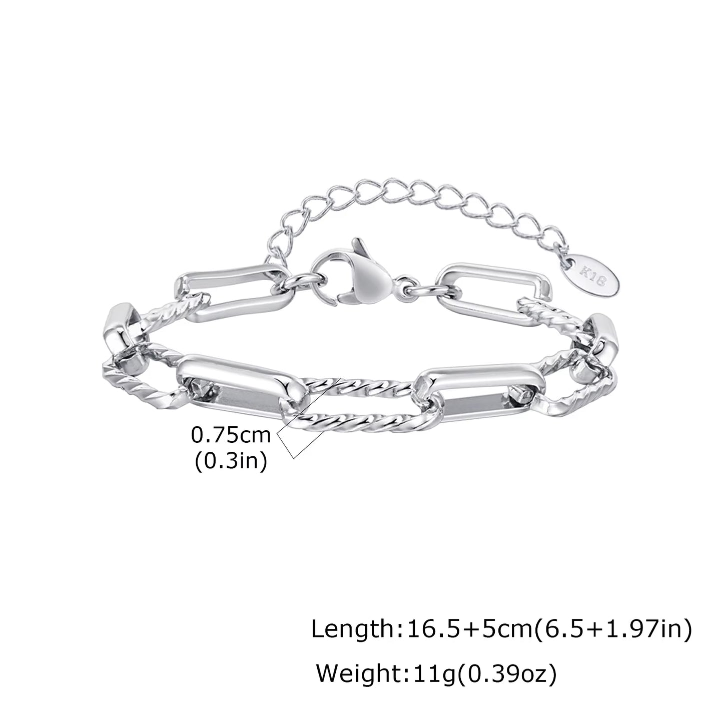 Two Tone Twist Link Paperclip Bracelet for Women, Chunky Stainless Steel Bracelet Adjustable Link, 18K Gold Plated Jewelry