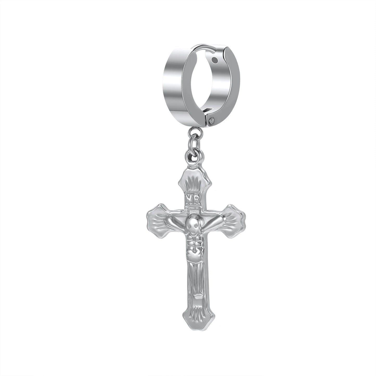 ZS Punk Cross Drop Earrings for Men Woman Stainless Steel Hoop Dangle Cartilage Earrings Gothic Hip Hop Circle round Earring