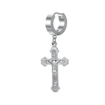 ZS Punk Cross Drop Earrings for Men Woman Stainless Steel Hoop Dangle Cartilage Earrings Gothic Hip Hop Circle round Earring