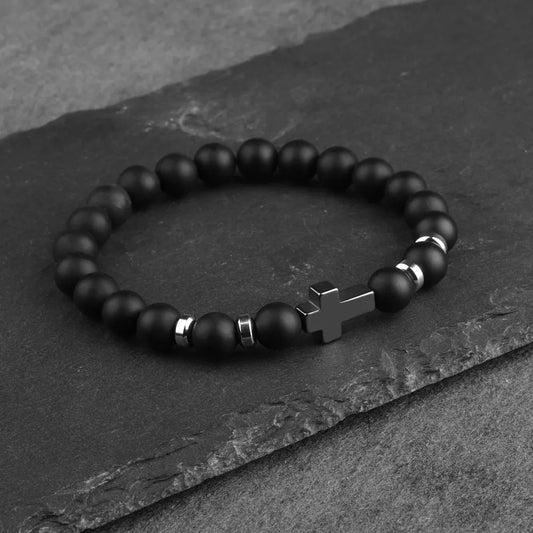 Natural Stone Bracelets Hematite Cross Pendent 8Mm Tiger Eye Black Onyx Lava Howlite Bead Elastic Rope Bracelet for Men Gift