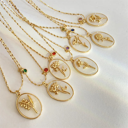 12 Birth Month Flower Birthstone Necklace for Women Charm White Shell Pendant Necklaces Mom Girlfriend Birthday Gift