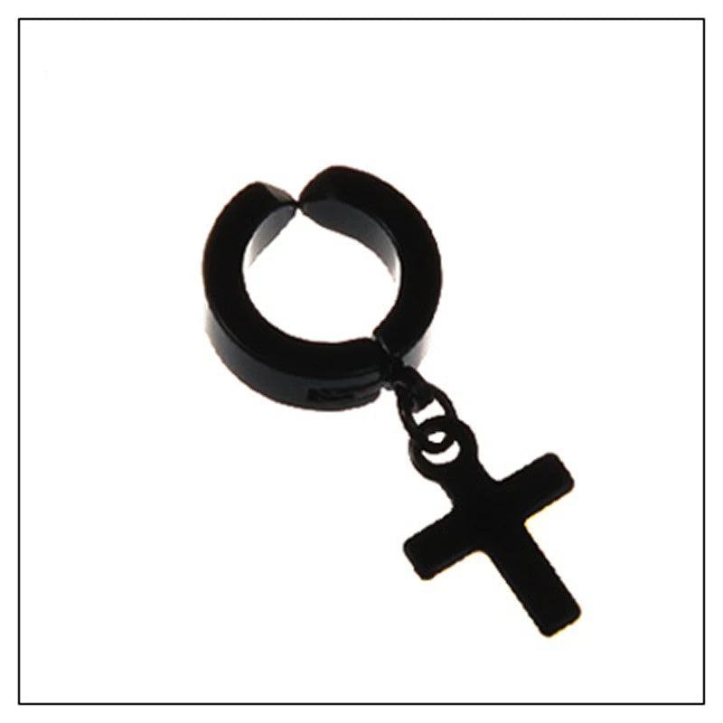 Clip on Hoop Earrings for Men Stainless Steel Fake Piercing Dangle Earring with Cross Feather Mens Clip on Huggie Hoop Earrings