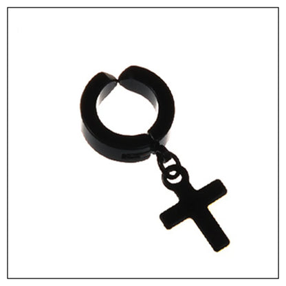 Clip on Hoop Earrings for Men Stainless Steel Fake Piercing Dangle Earring with Cross Feather Mens Clip on Huggie Hoop Earrings