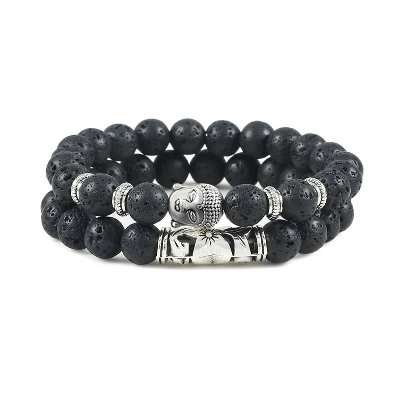 2Pcs/Set Buddha Head Bracelet for Women Men Natural Tiger Eye Lava Stone Yoga Beads Distance Bracelets Charm Couple Jewelry Gift