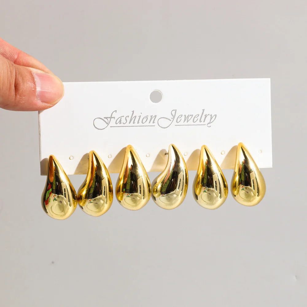 Fashion 6Pcs/Set Chunky Gold Plated Water Drop Earrings for Women Vintage Acrylic Teardrop Earring Hoops Lightweight Jewelry