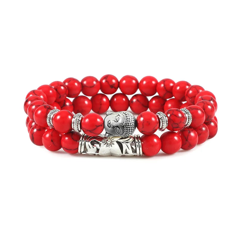 2Pcs/Set Buddha Head Bracelet for Women Men Natural Tiger Eye Lava Stone Yoga Beads Distance Bracelets Charm Couple Jewelry Gift