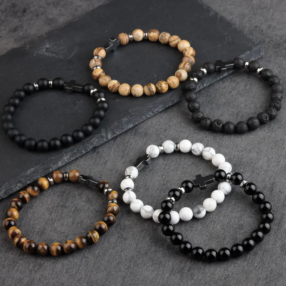 Natural Stone Bracelets Hematite Cross Pendent 8Mm Tiger Eye Black Onyx Lava Howlite Bead Elastic Rope Bracelet for Men Gift